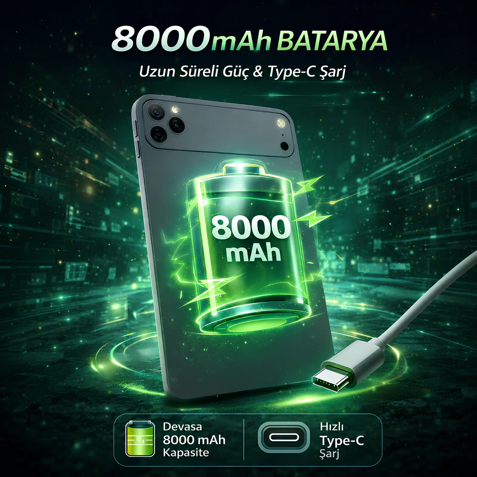 8000 mAh batarya ve Type-C şarj